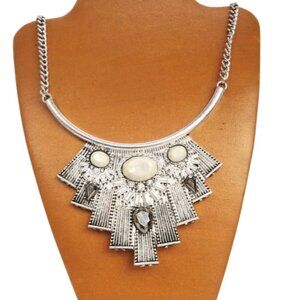 Unique Tribal 18" Silver Tone Faux Gemstone Pendant Statement Necklace JN1473